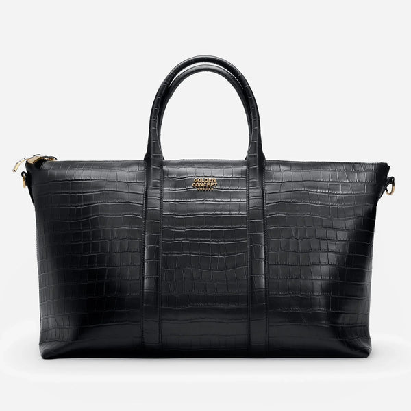 Stylish Croco Embossed Leather Weekend Bag with Elegant Gold Detailing